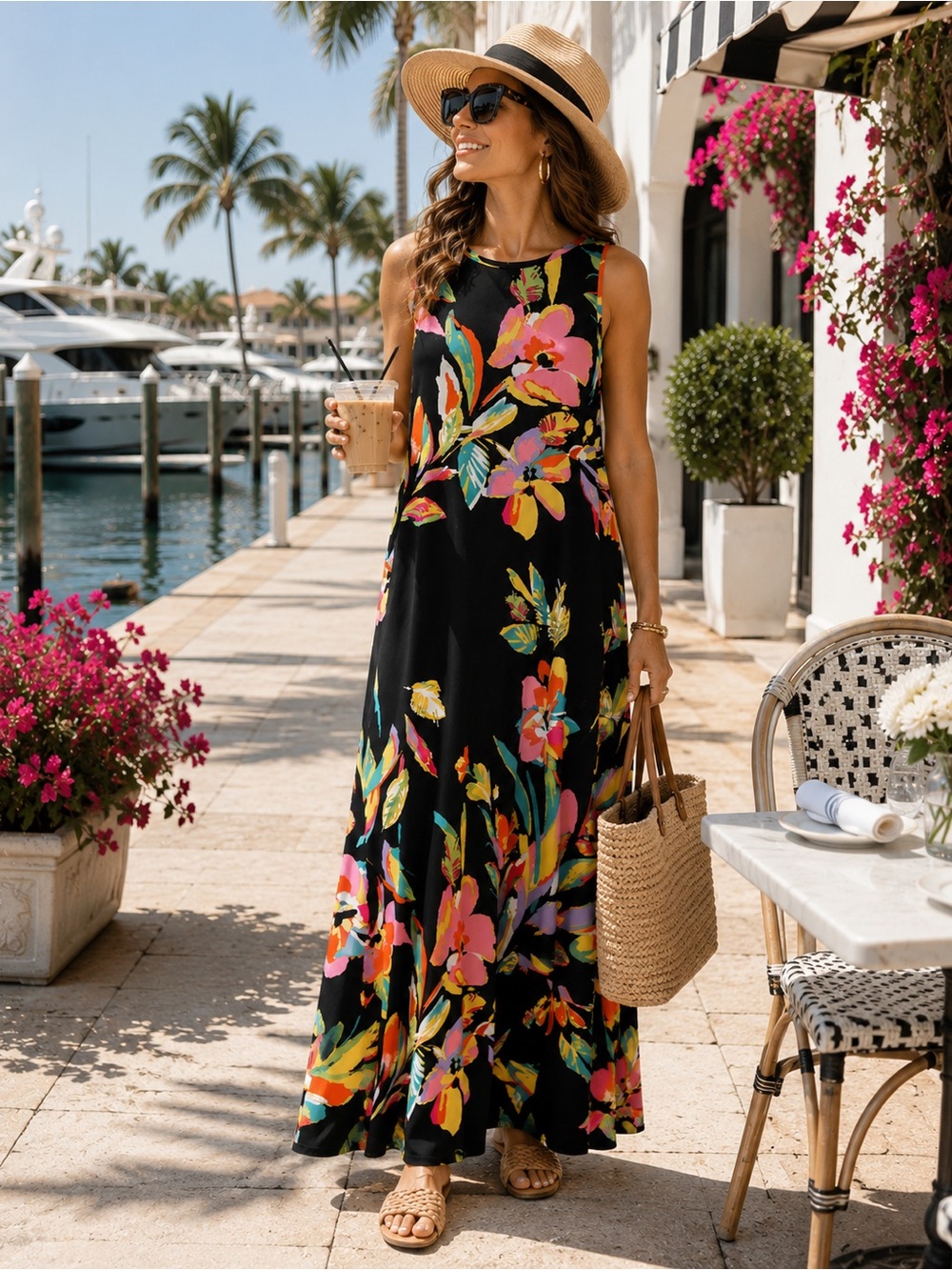 Vince Camuto Black Tropical Floral Sleeveless Maxi Dress Size Large Made in USA - Picture 4 of 16